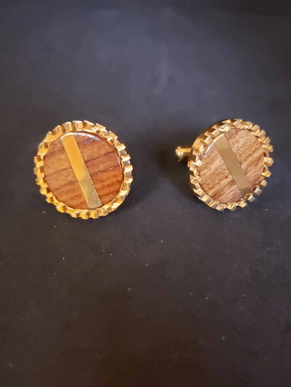 Gold-Tone Wood Inlay Cufflinks - Round Men's Accessory